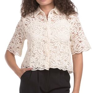 Joie Lace Button-Front Short Sleeve Top - Cream